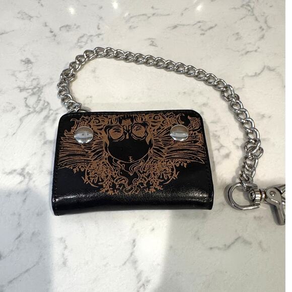 Vintage 90s black leather trifold biker chain wallet skull design goth grunge - Picture 2 of 11